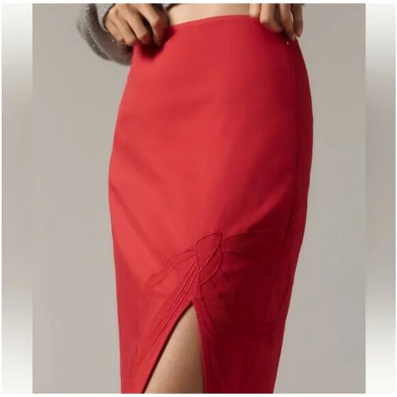NWT Maeve Anthropologie Bow Midi Pencil Skirt Red Size 12 Side Slit Stretch - Picture 2 of 14